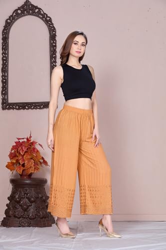 Image of VIVIKA Chikankari Palazzo Pants for Women |Rayon Wide Leg Ethnic Palazo with Embroidery | Comfortable Elastic Waist Women's Palazzo for Casual, Festive & Office Wear
