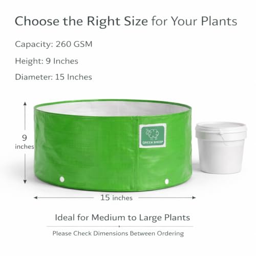 Image of GREENSHEEP HDPE Grow Bag Heavy Duty 260 GSM Round Plants Flower Growing Bags Floor Standing Mount Type for Home Garden Balcony Terrace Kitchen Nursery (Green, 15x9 inch, Pack of 2)