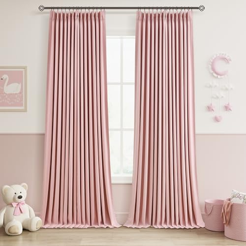 Aersas Pink 100% Blackout Linen Pinch Pleated Curtains 96 Inches Long for Girls Bedroom Funky Cute Window Curtains Noise Heat Blocking Heavy Insulated Drapes Baby Pink Dusty Blush for Nursery