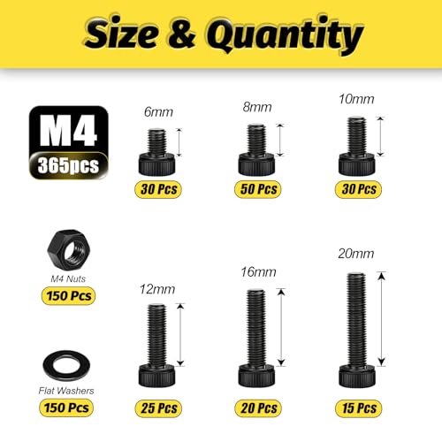 Image of Kadrick M4 Screws Kit 365PCS, Optimized Socket Head Cap Screws Assortment with Higher Screw Ratio, Class 12.9 Alloy Steel, Black Zinc Plated M4 Bolts for Mechanical, Repair & DIY Use