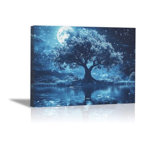 Tableau abstrait toile arbre clair lune reflet eau ciel étoilé