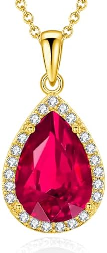 VONSSY Classic Oval Pendant Gemstone Necklace | Crystal Ruby Waterdrop Birthstone Teardrop Emerald Sapphire Necklace | 18K Platinum Plated Chain | Meaningful Silver Jewelry Gift for Mother Wife