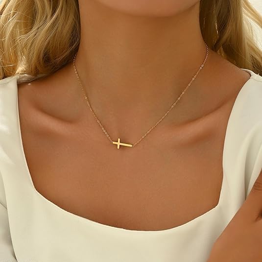 925 Sterling Silver Cross Necklaces for Women 14K Real Gold Vermeil Sideways Cross Pendant Choker Simple Cute Necklace Faith Jewelry 16+2" Hypoallergenic - Image 3