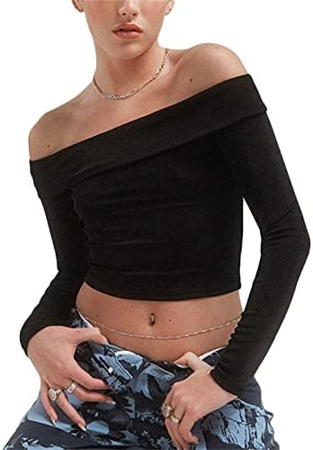 Top Corto Donna Maniche Lunghe Con Scollo A Barca E Spalle Scoperte – Maglietta Adherente Stretch Y2K Per Uscite Serali - 2