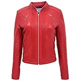 Col : ouvert DR222 Blouson en Cuir, Veste de Motard pour Femme, Rouge, 40