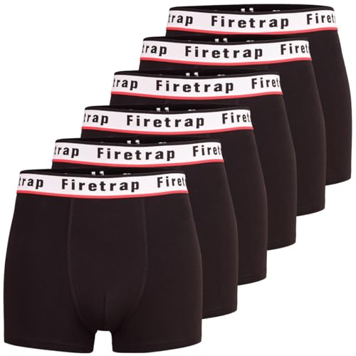 Firetrap Mens 6 Pack Designer Boxer Shorts, Underwear Gift Set Trunks Comfortable Stretch Cotton Plain Colours Mens Briefs All Black L