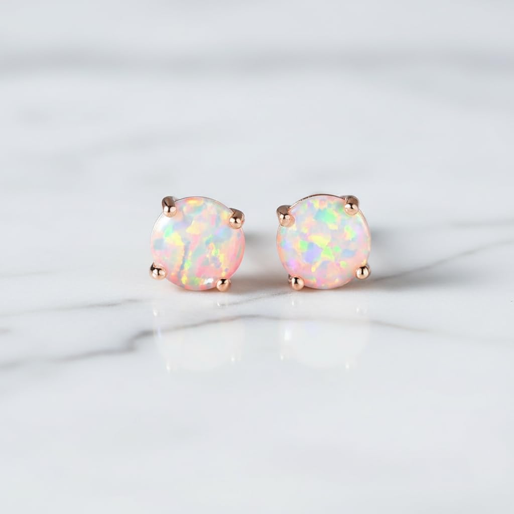 MDFUN 18K White/Rose Gold Plated Round Opal Stud Earrings for Women Hypoallergenic Birthstone Earrings Jewelry - Image 4