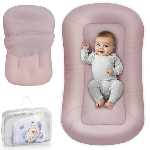 Baby Lounger – Baby Lounger Pillow for Newborn, 0-24 Months, Infant Lounger for Home and Travel, Soft Cotton, Co Sleeping Baby Nest, Newborn Babies Essentials Gifts, Pink (Lounger Cover Included)