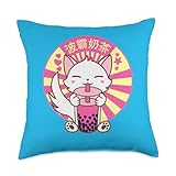 Anime Bubble Tea Neko Kawaii Girls Teen Lover Cat Boba Bubble Tea Kawaii Anime Japanese Neko Girl Teen Throw Pillow, 18x18, Multicolor
