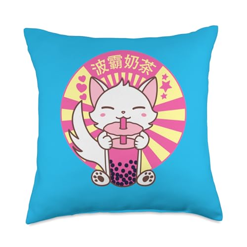 Anime Bubble Tea Neko Kawaii Girls Teen Lover Cat Boba Bubble Tea Kawaii Anime Japanese Neko Girl Teen Throw Pillow, 18x18, Multicolor