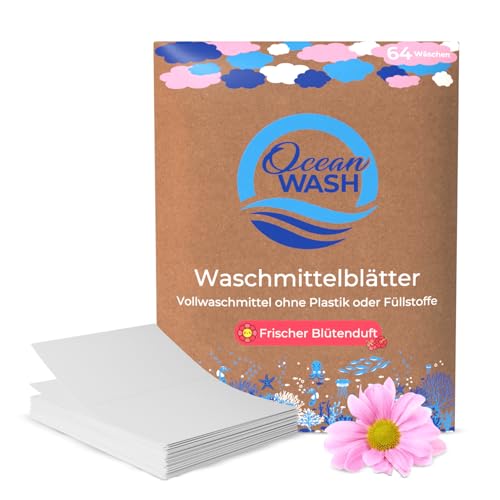 OceanWash Waschmittelblätter Blütenduft, Waschblätter Waschmaschine für alle Textilien und Farben, Waschtücher biologisch abbaubar, Laundry Detergent Sheets Vollwaschmittel, 64 Wäschen