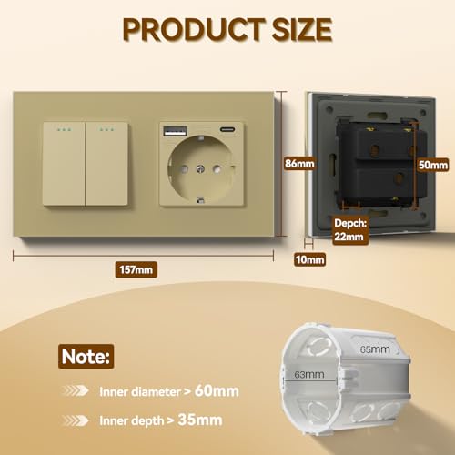 BSEED Druckknopf Rocker Tactile 2 Fach 1 Weg Lichtschalter Glas und 3 in 1 Steckdose mit 2.1A USB Ladeleistung mit Type C Adapter Aufladestation Glasscheibe Wandschalter Gold