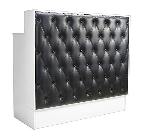 Recepción Vintage GB de madera blanca estilo vintage con capitoné tapizadoen color negro. Parte trasera con cajón y estantes.