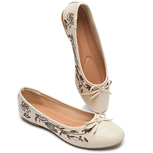 BABUDOG Womens Flats Shoes with Pomegranate Embroidery,White Flats with Bow,Comfortable Round-Toe Flats Shoes,Black Dress Shoes for Women(Soft Memory Foam Insole)