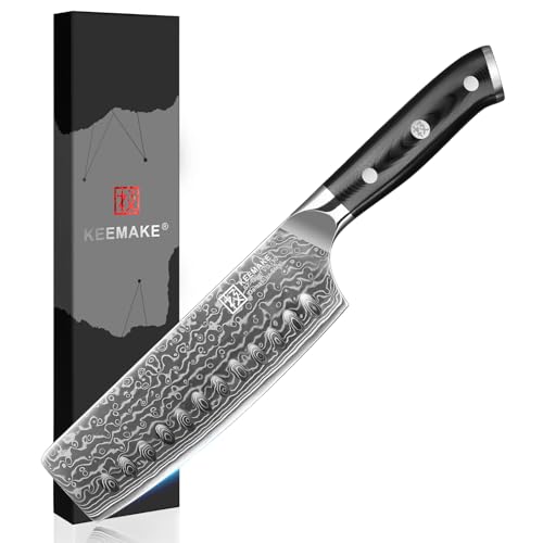 KEEMAKE Couteau Cuisine Damas Nakiri Japonais Style, Couteau de Cuisine Professionnel en Acier Damas 67 Couches pour Émincer Légume Viande, Cadeau pour Maman