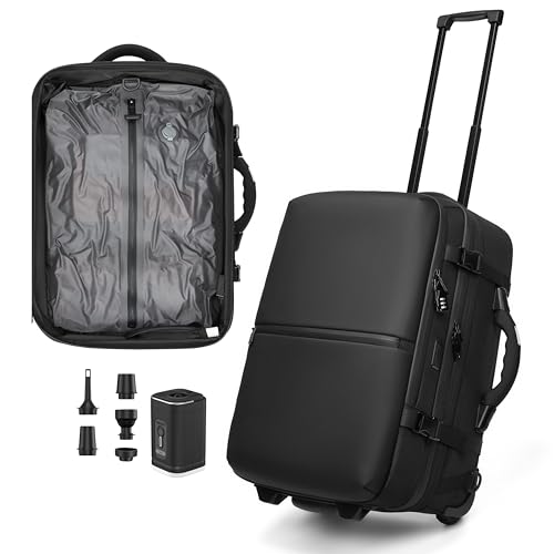 Rolling Vacuum Seal Backpack for Travel, with Hidden Pull Rod, Weight Handle, TSA Lock, Charging Port, fit 19