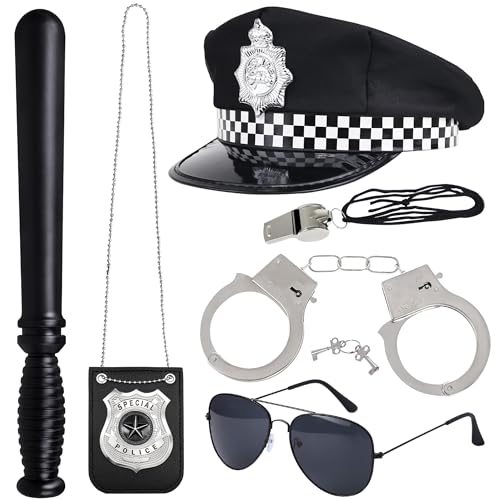 Orgoue Lot De 5 Accessoires De Costume De Police Pour Adulte, Deguisement Policier Adulte Avec Chapeau, Lunettes De Soleil, Badge, Menottes Métal, Sifflet Et Matraque...
