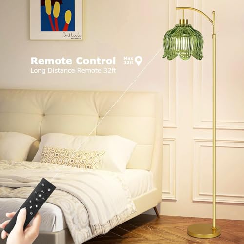 Image of QIYIZM Glass Floor Lamp for Living Room,Bedroom,Gold Dimmable Standing Lamp with Remote,Mid Century Modern Brass Tall Lamp Boho Vintage Floor Lamps Arc Green Tulip Flower Floor Light Lamp Bohemian