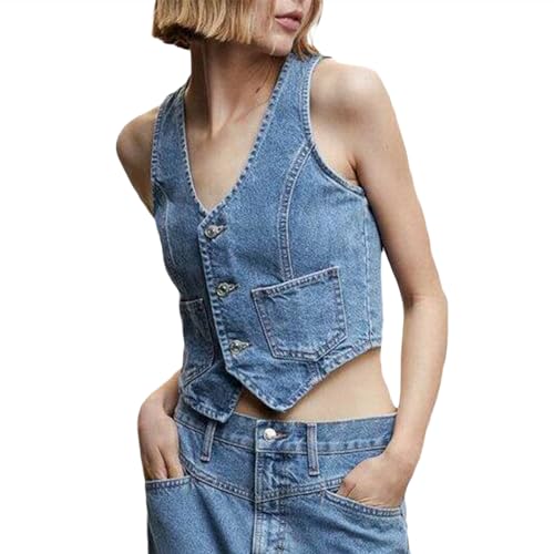 Denim Vests for Women Y2K Sleeveless V Neck Button Down Jean Vest Vintage Denim Crop Tank Top Bustier Top Streetwear