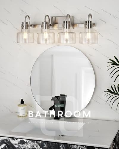 Image of Bathroom Light Fixtures, 4-Light Brushed Nickel Vanity Lights with Clear Glass Shade, 28 Inch Vintage Vanity Lighting Fixtures Over Mirror, VL124-BN-4