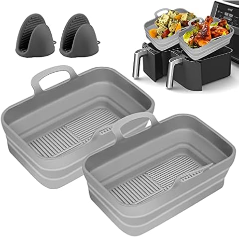 2 Pcs Air Fryer Silicone Liner for Ninja Foodi DZ201/DZ401 8QT, Air Fryer Liners Silicone for Ninja Dual Air Fryer, Ninja Air Fryer Liners Replacement of Disposable Parchment Paper Liner (Grey) Cover