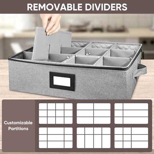 BALEINE China Storage Containers, Sturdy Quilted Wine Glass Storage, Plate Organizer with Carry Handles, Moving Boxes for Dishes, Cups, Mugs and Stemware (Mug, Hard Shell Grey)