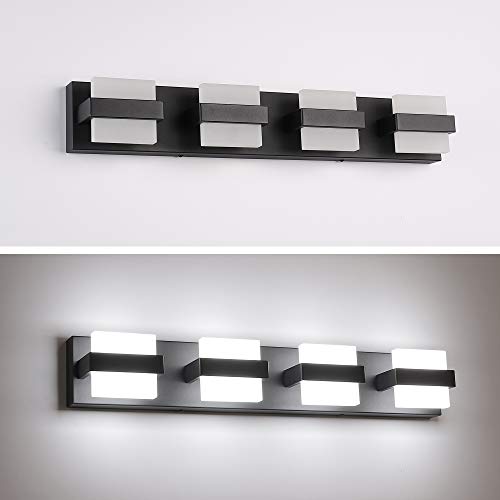 Image of SOLFART 4 Lights Black Vanity Light LED Bathroom Modern Vanity Lights Over Mirror Black Bathroom Light Fixtures 27 inch White Light Dimmable
