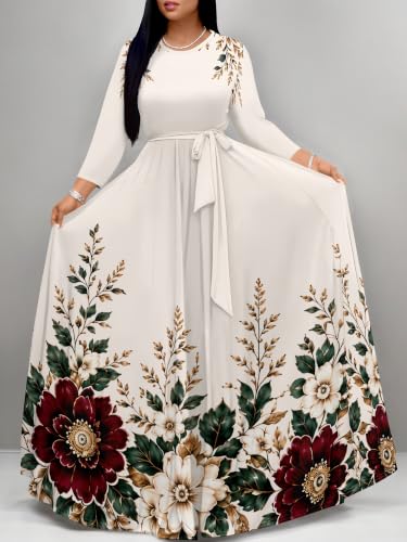 Image of Women Plus Size Long Sleeve V Neck Maxi Dress with Belt | Soft fabric relaxed fit three quarter sleeve v neck with pockets for party and daily wear