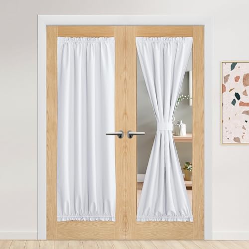 NICETOWN White Linen French Door Curtains, Thermal Insulated Privacy 100% Blackout Window Curtains Panel, Front Door Shade Covering for Bedroom, W26 x