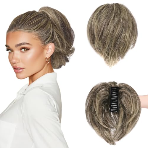 BARSDAR Corto Capelli Veri Coda di Cavallo Extension con Flessibili Metalli, 20cm Clip Artigli Capelli Veri Messy Chignon Posticci per Donne Spessi Naturale Marrone Mix Biondo Coda di Cavallo