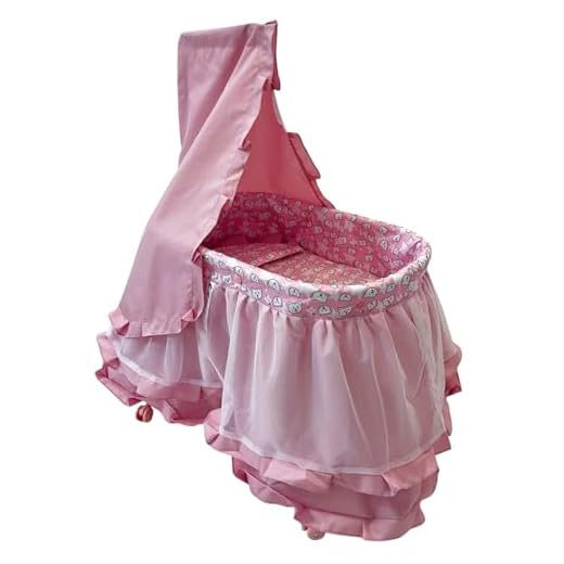 Palmitessa Culla Bambola, Culla Bambola Con Baldacchino, Letto Bambole Reborn, Con Velo, Alta Qualità Modello 2025 Rosa 43x85x61,5 cm (H)