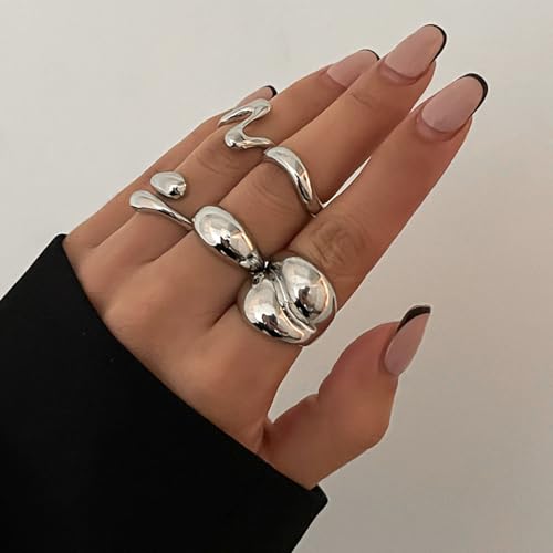 Sora Tuki Chunky Gold Rings Set for Women Trendy Ring Chunky Silver Rings for Women Big Chunky Rings Thick Rings Gold Statement Rings for Women Fashion Rings Chunky Gold Jewelry Dome Silver Rings Set2