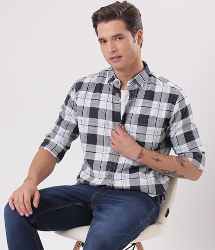 Image of TURMS Men's Casual Checks Shirts, Odor Control, Moisture Wicking, Button Down Collar, Cool Tech Cotton Fabric, Tailored Fit, Full Sleeve