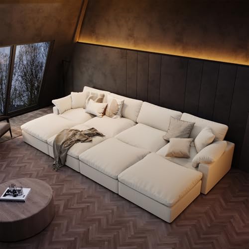 Image of Modular Sectional Sofa,Extra Comfty Deep-Seat-Filled Couch, White 6 Seat U Shape Sofas with Movable Ottoman, Modern Couches for Living Room, Apartment, Office,Small Space