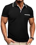 PRIVIMIX Polo Homme Manches Courtes Été Col V Tshirt Chemise Golf Tee Shirt avec Poche, Noir, XXL