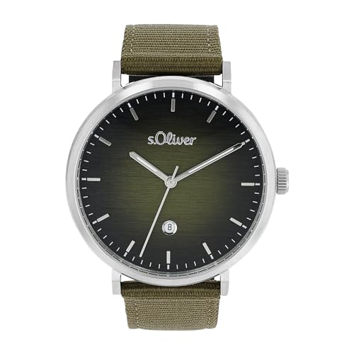 s.Oliver Armbanduhr Herren Quarzuhr analog, mit Nylon Armband, Grün, 3 bar wasserfest, Kommt in Uhren Geschenk Box, 2034602