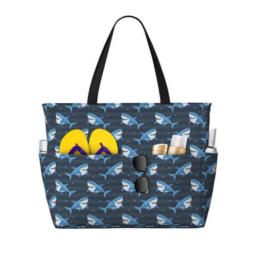 Funny Sharks Print Beach Pool Bags Tote For Women Ladies Large Gym Tote Carry On Bag For Weekender Travel Waterproof