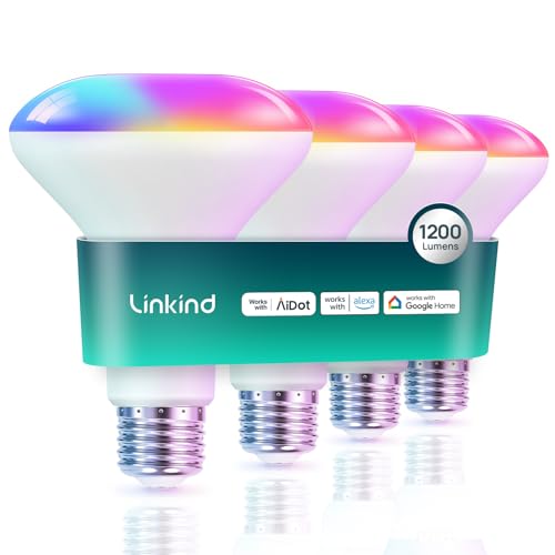 Linkind-US Linkind BR30 Smart Light Bulbs,1200LM Smart Flood Light Bulbs Compatible with AiDot App, Alexa, Google Home, E26 RGBTW Recessed Color Changing Bulbs, 2.4GHz WiFi Only, LED Light Bulbs 14W=85