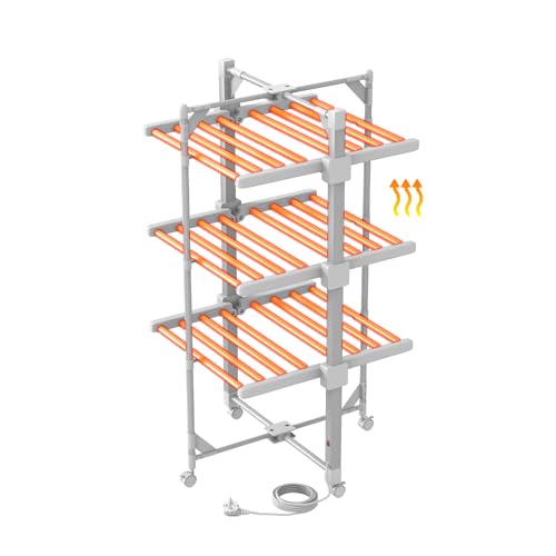 Innotic Stendino Elettrico, Stendibiancheria Elettrico Riscaldante 230W 3 Piani Pieghevole con 24 Barre e Ruote, Asciugabiancheria da Interno Compatto, Stendi Biancheria a Torre (111x59x62 cm)