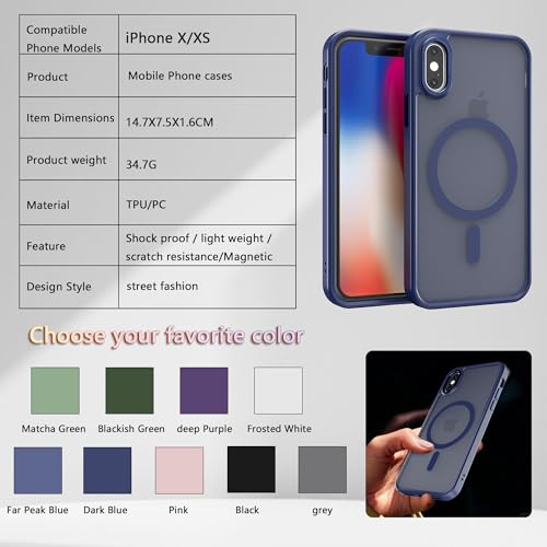 Image of Magnetic iPhone X /XS case,Compatible with Magsafe, Military-Grade Protection,Slim Translucent Matte Shockproof with Anti-Scratch Anti-Fingerprint Phone Cover (Dark Blue, iPhone X /XS)