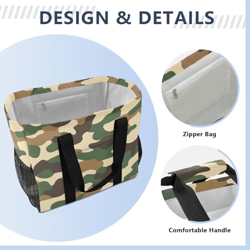 Large Waterproof Travel Tote Bag for Women Men, Military Green Camouflage Camo Canvas Beach Bag with Lining & Pockets - Reusable Grocery/Laundry/Kitchen/Pool/Picnic Tote (15.4x9.8x12.8in)4
