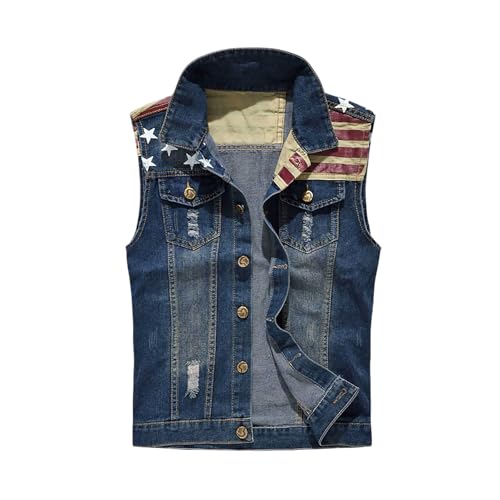 Vhersily - Vhersily Vestes Coupe Vent de Cyclisme, Classique Jeans Hommes Vintage Gilet Sans Manches Vestes de Mode Patch Design Style Punk Rock Déchiré Cowboy Éclatement des réservoirs Léger Confort, bleu, L
