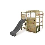FATMOOSE Spielturm Klettergerüst ActionArena Air mit anthraziter Rutsche, Outdoor Kinder Kletterturm mit Leiter, Basketballkorb & Spiel-Zubehör für den Garten