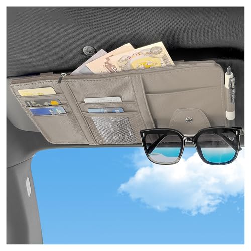 Image of Car Visor Organizer with Sunglass Holder,Multi-Functional Car Sun Visor Organizer with Zipper for Cards,Money,Tickets,Leather Interior Accessories (Gray)
