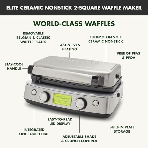 GreenPan Elite 2-Square Belgian & Classic Waffle Iron, Healthy Ceramic Nonstick Dishwasher Safe Plates, Adjustable Shade/Crunch Controls, Wont Overflow, Easy Cleanup Breakfast, Stainless Steel