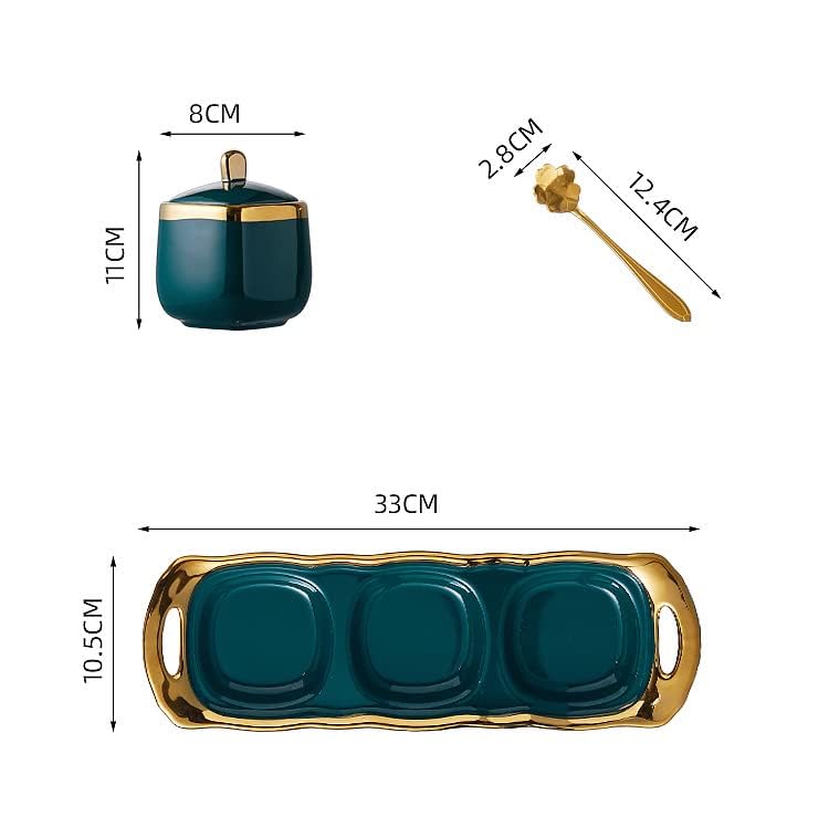 Image of JRM 3Pcs Condiment Jar Condiment Seasoning Pot with Ceramic Tray, Serving Spoon and Lid for Tea Sugar Coffee Salt Pepper and Spices (Green)