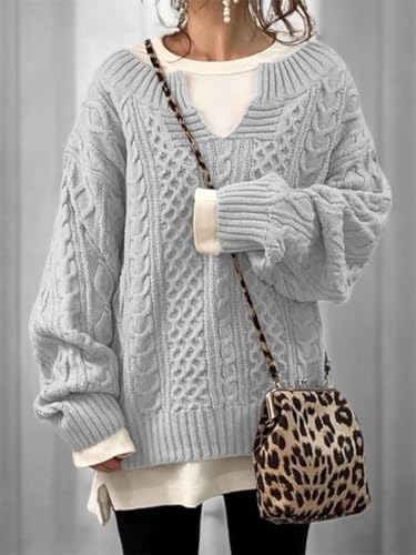 Image of chouyatou Women's Winter Chunky V Neck Long Sleeve Loose Cable Knit Sweater Pullover