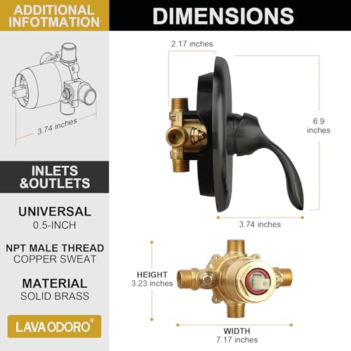Lava Odoro Pressure Balance Shower Valve con Kit de Recorte, Válvula de un Solo Mango en Negro Mate con Cartucho Cerámico, Cuerpo de Válvula Universal de Latón Sólido con Control de Temperatura, SF101-V-MB miniatura 4