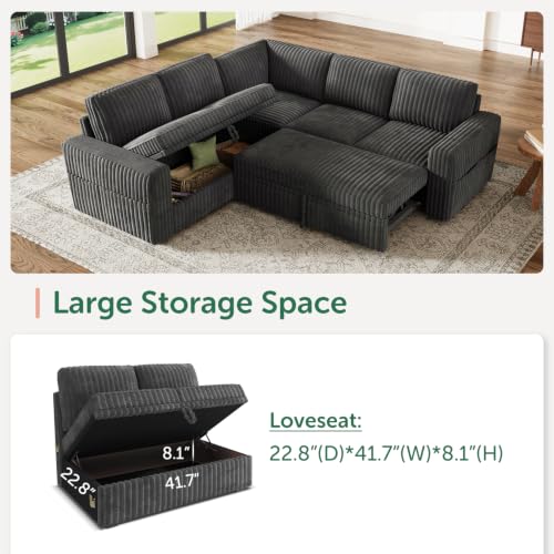 Image of HONBAY Modular Sectional Sleeper Sofa with Pull Out Bed,Corduroy L Shaped Couch with Storage, Sectional Couches for Living Room,Dark Grey