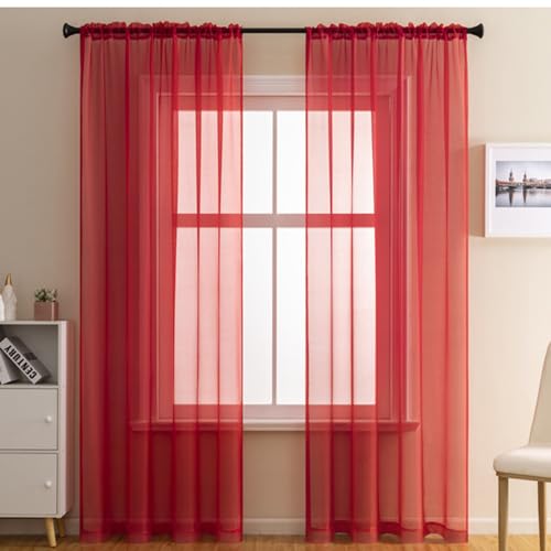 2er Set Transparent Vorhang Gardinen Wohnzimmer,Halbtransparent Vorhänge für Wohnzimmer, Moderne Gardine Voile Vorhangschals Ösenvorhang Dekoschal für Fenster Schlafzimmer Balkontür100x200cm Rot